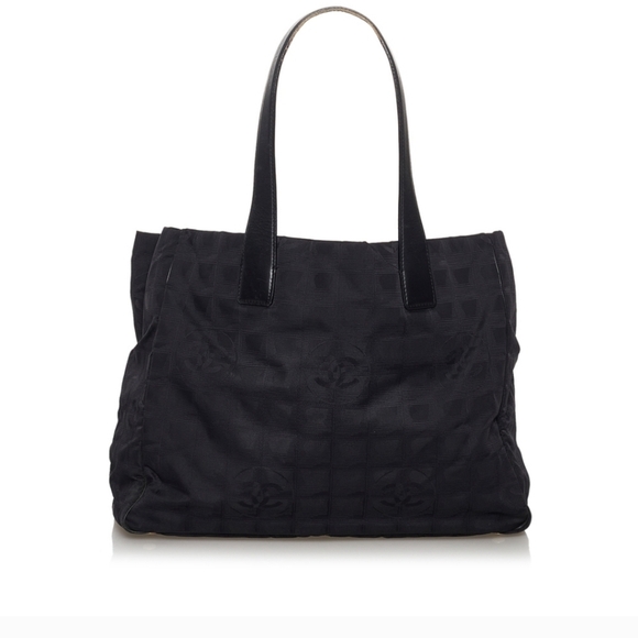 Authentic Chanel Quilted Logo Nylon Jacquard leather trim Black Tote in EUC - Picture 1 of 12